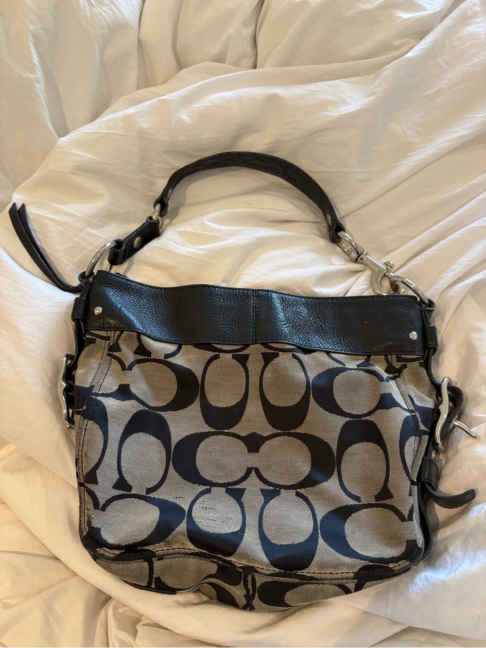Coach Canvas Shoulder Bag in Black and Gray With Silver Hardware.